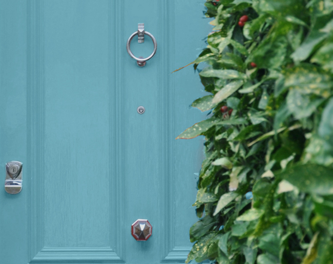 blue door and hedge