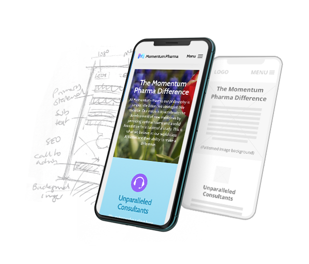 Phone screen, wireframe, and sketch, demonstrating development of the momentum pharma website design