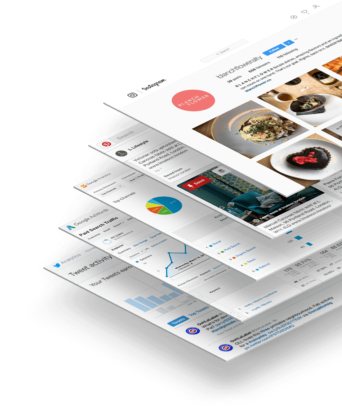 Screens displaying live Google Search Console and Google Analytics dashboards with various performance growth charts.