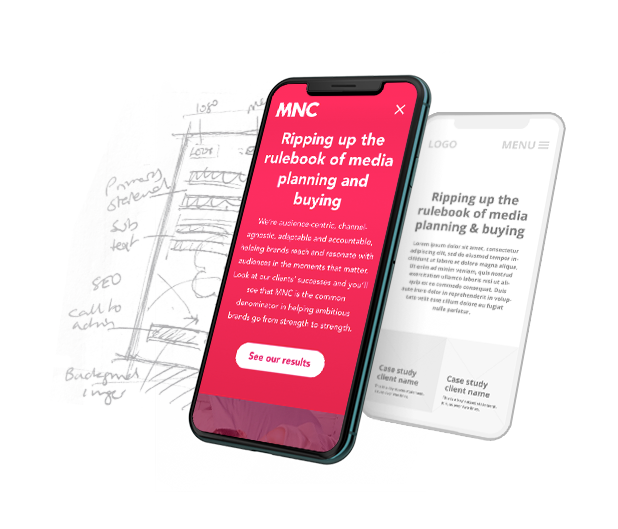 Phone screen, wireframe, and sketch, demonstrating development of the MNC website design