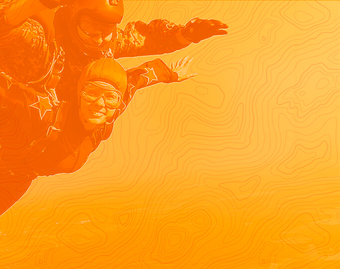 skydivers, in front of optunli branding