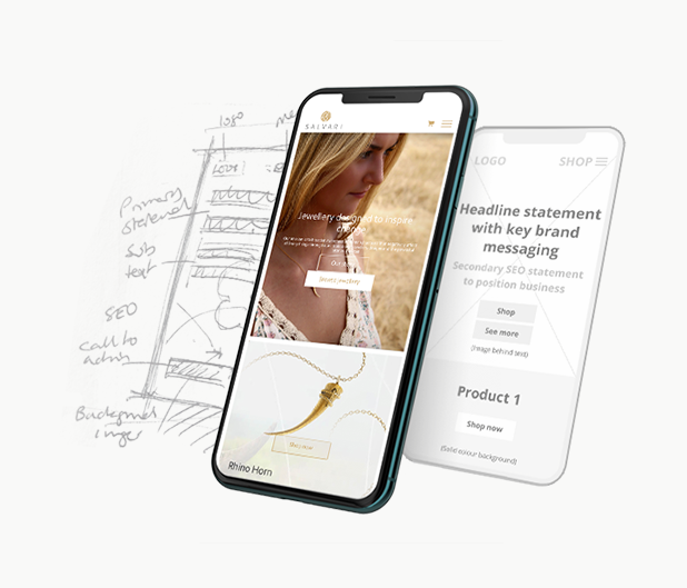 Phone screen, wireframe, and sketch, demonstrating development of the salvari website design