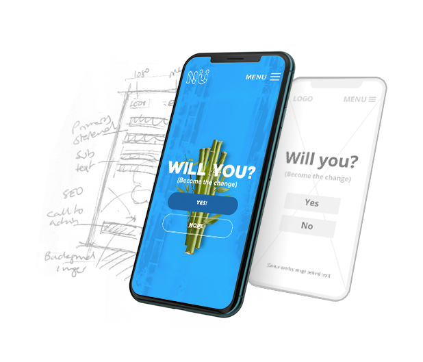 Phone screen, wireframe, and sketch, demonstrating development of the nubamboo website design