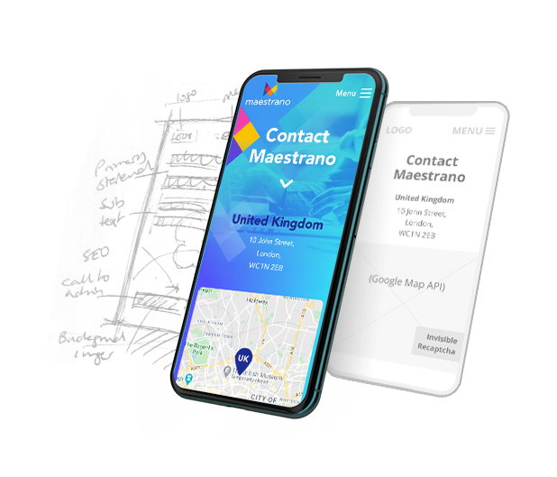 Phone screen, wireframe, and sketch, demonstrating development of the maestrano website design