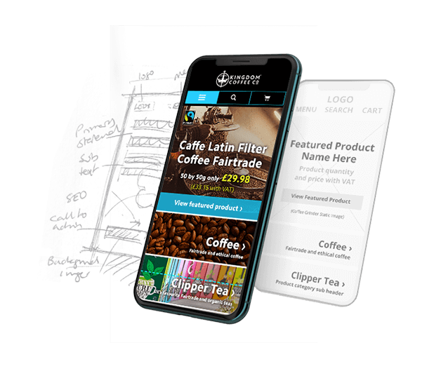 Phone screen, wireframe, and sketch, demonstrating development of the kingdom coffee website design interface