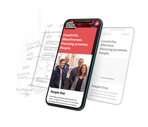 Phone screen, wireframe, and sketch, demonstrating development of the Love Sugar Science website design