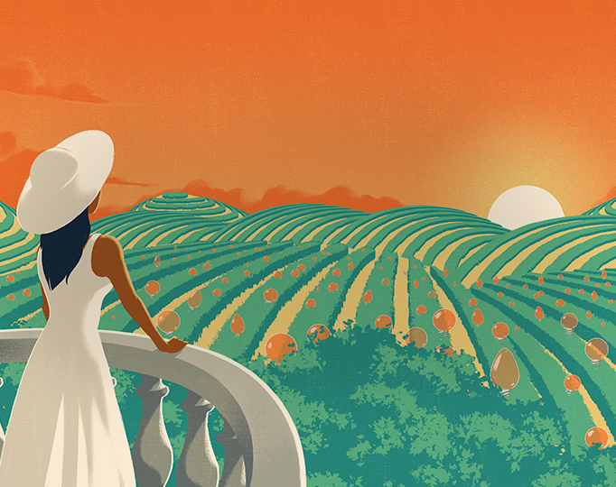 illustration taken from the land of independants website branding, featuring a woman on a balcony looking out over a field at sunset