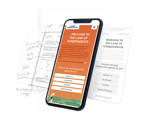 Phone screen, wireframe, and sketch, demonstrating development of the the land of independants website design