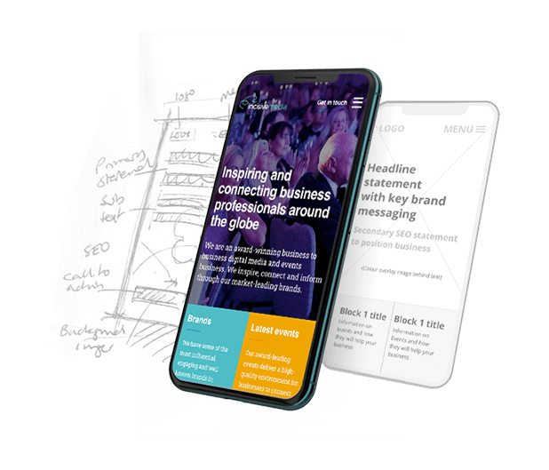 Phone screen, wireframe, and sketch, demonstrating development of the incisive media website design