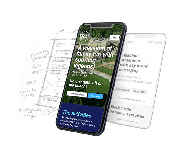 Phone screen, wireframe, and sketch, demonstrating development of the festival of sport website design