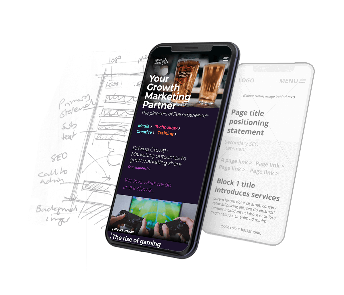 Phone screen, wireframe, and sketch, demonstrating development of space and time website design