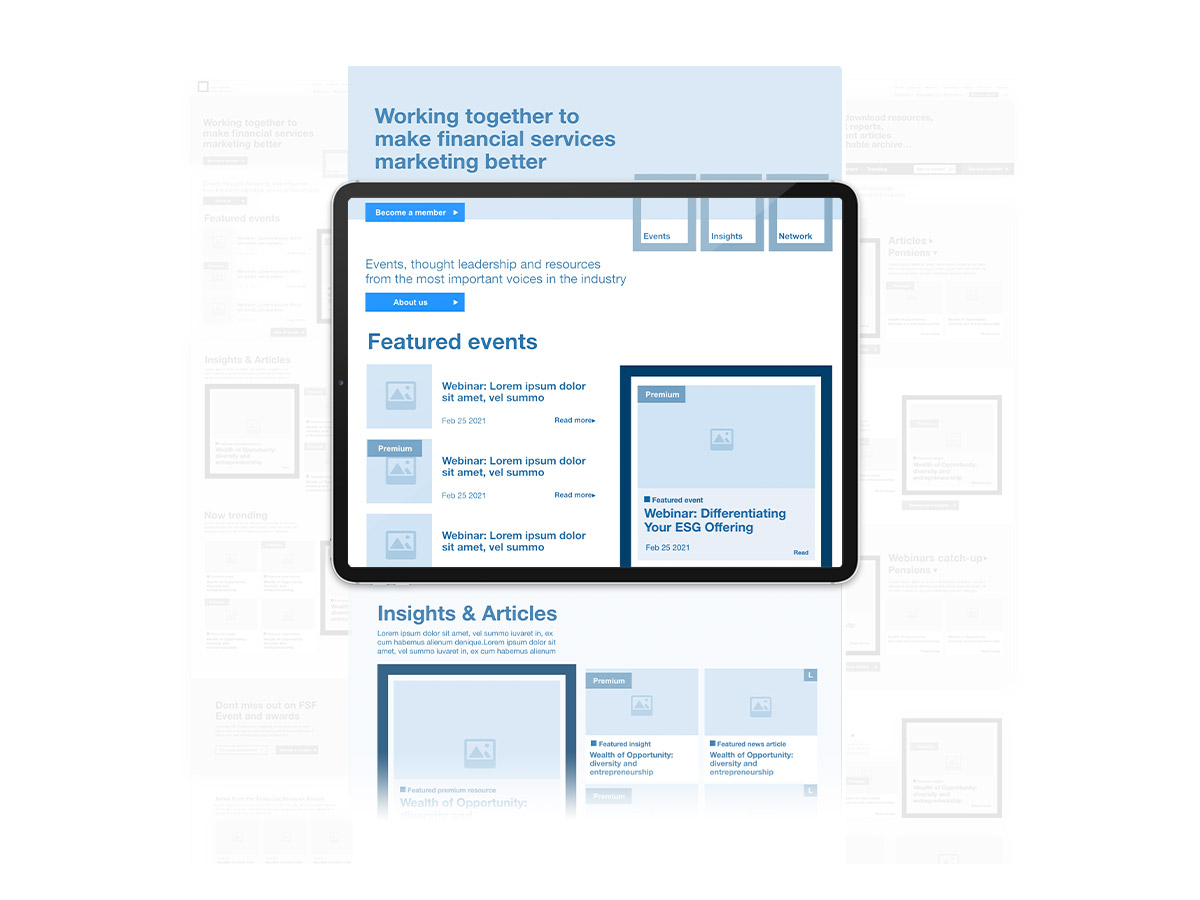 tablet displaying the wireframes for the financial services forum website design