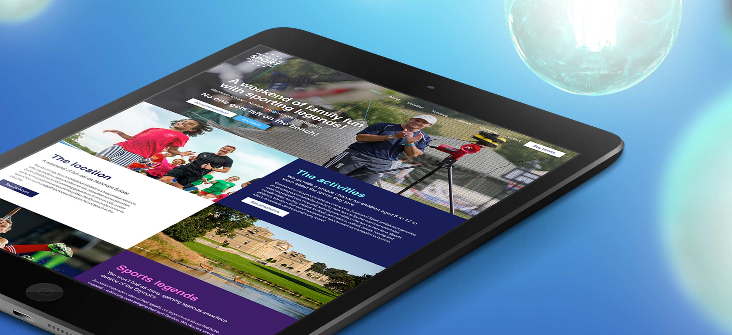 tablet displaying festival of sport website design
