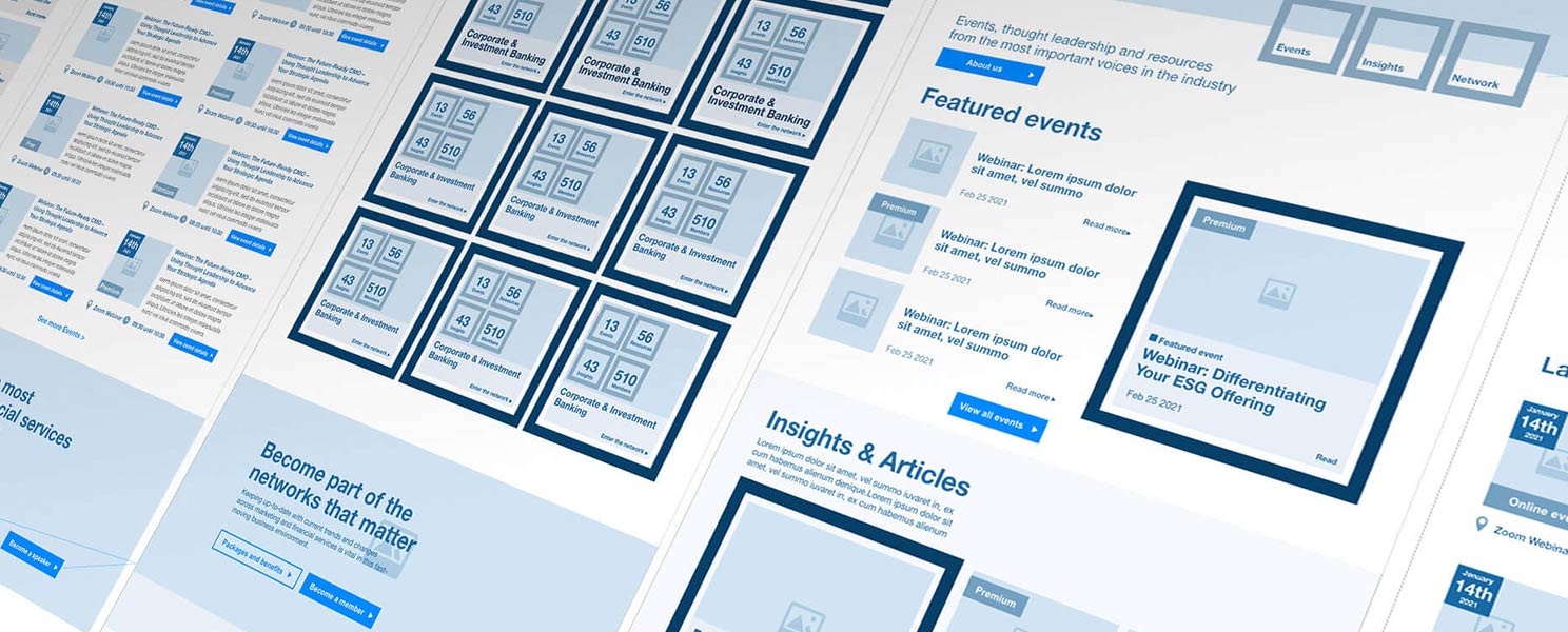 wireframes showcasing developmental stages of website design 