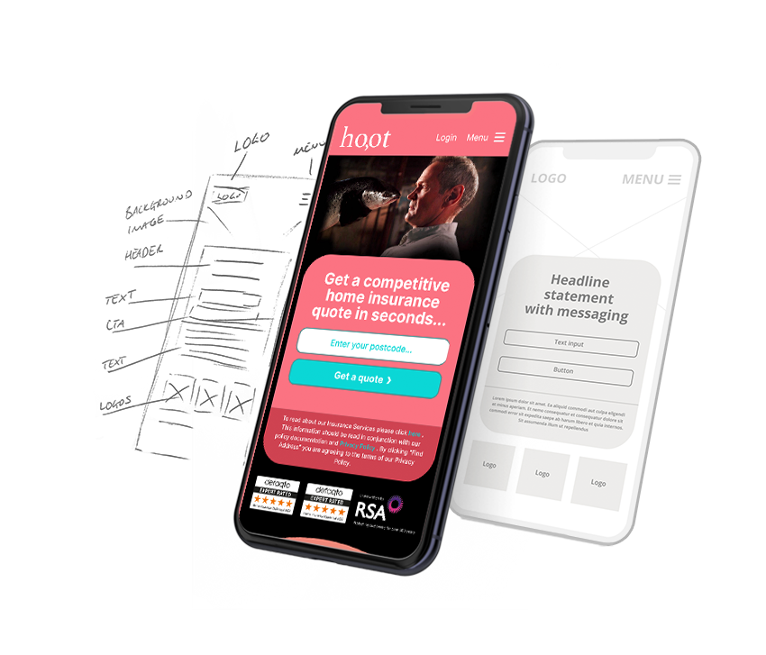 Phone screen, wireframe, and sketch, demonstrating development of HOOT insurance website design