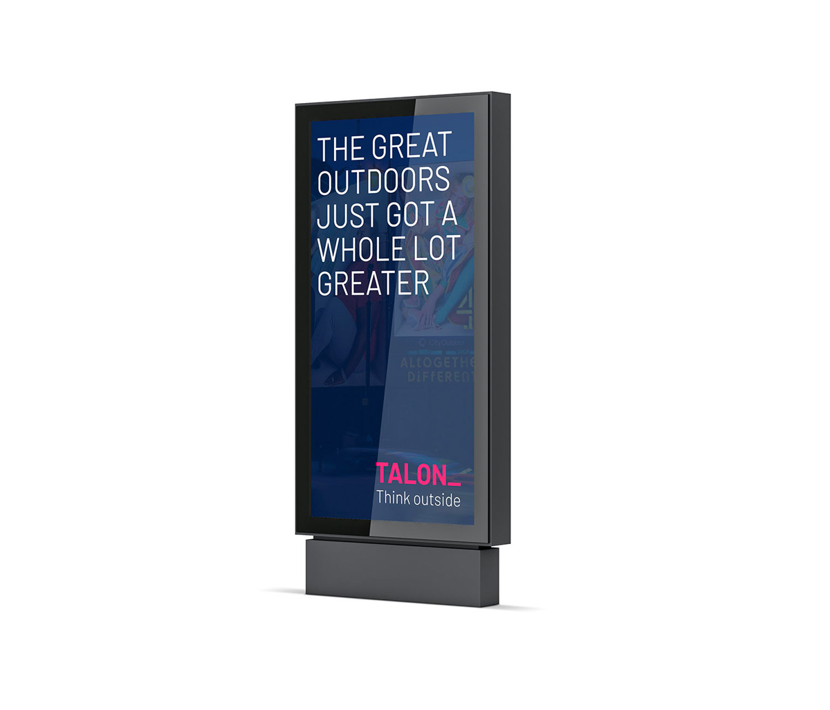 Standing billboard showcasing talon branding, 'the great outdoors just got a whole lot greater'