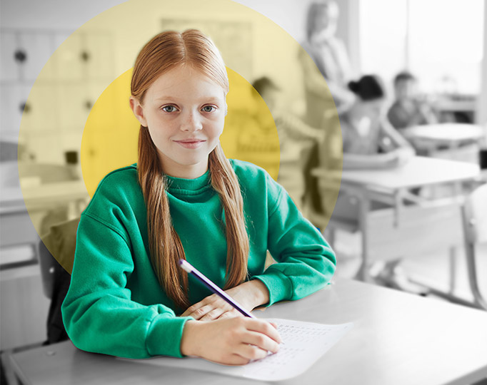 a girl with steer branding circle behind her, brightens up greyscale classroom