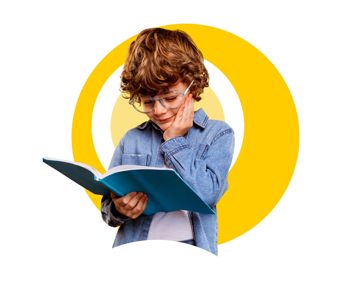 in foreground, a boy reading, in the background, the steer branding circles