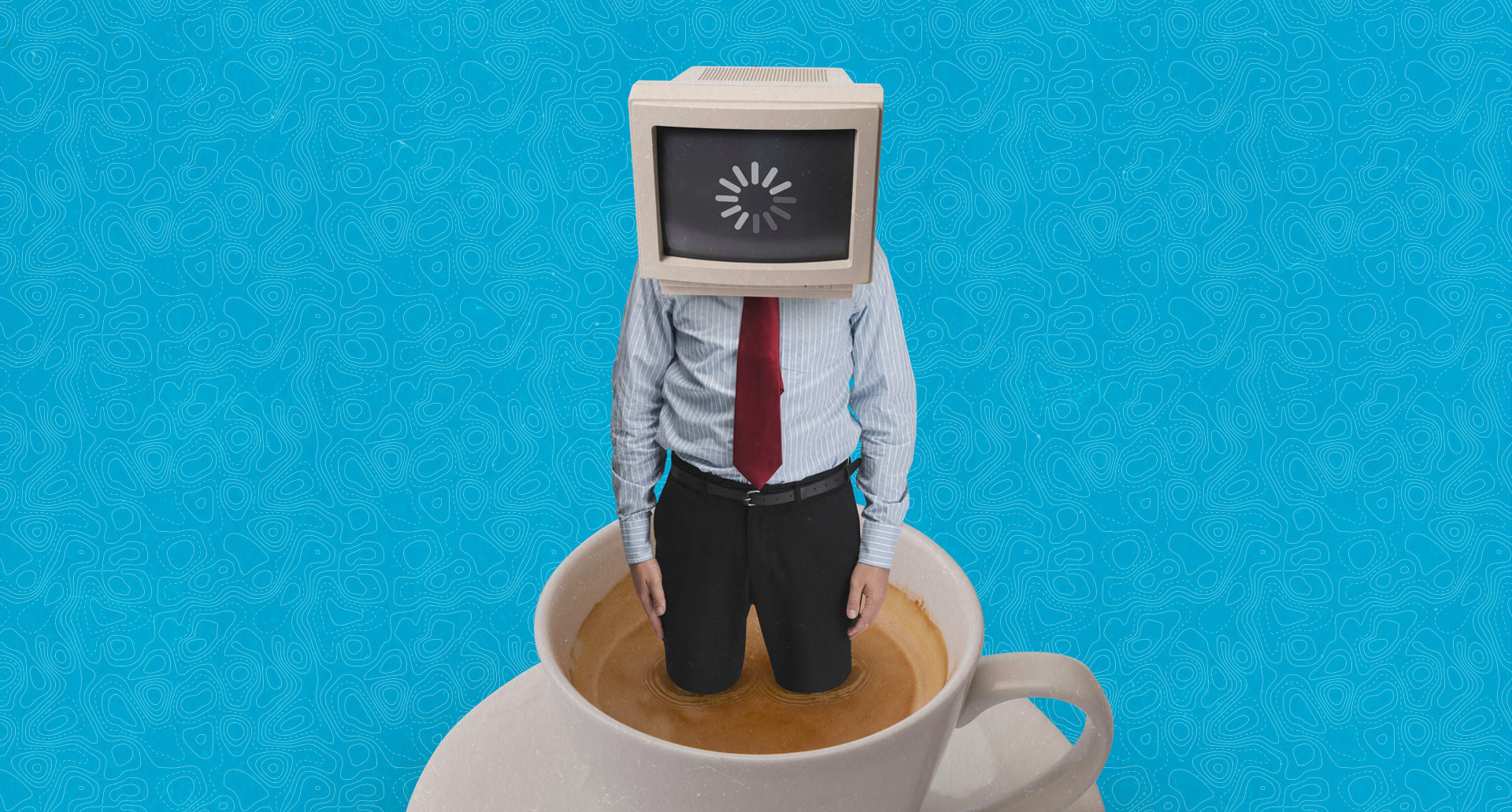 graphic of a man with a computer for a head, standing in a mug of tea