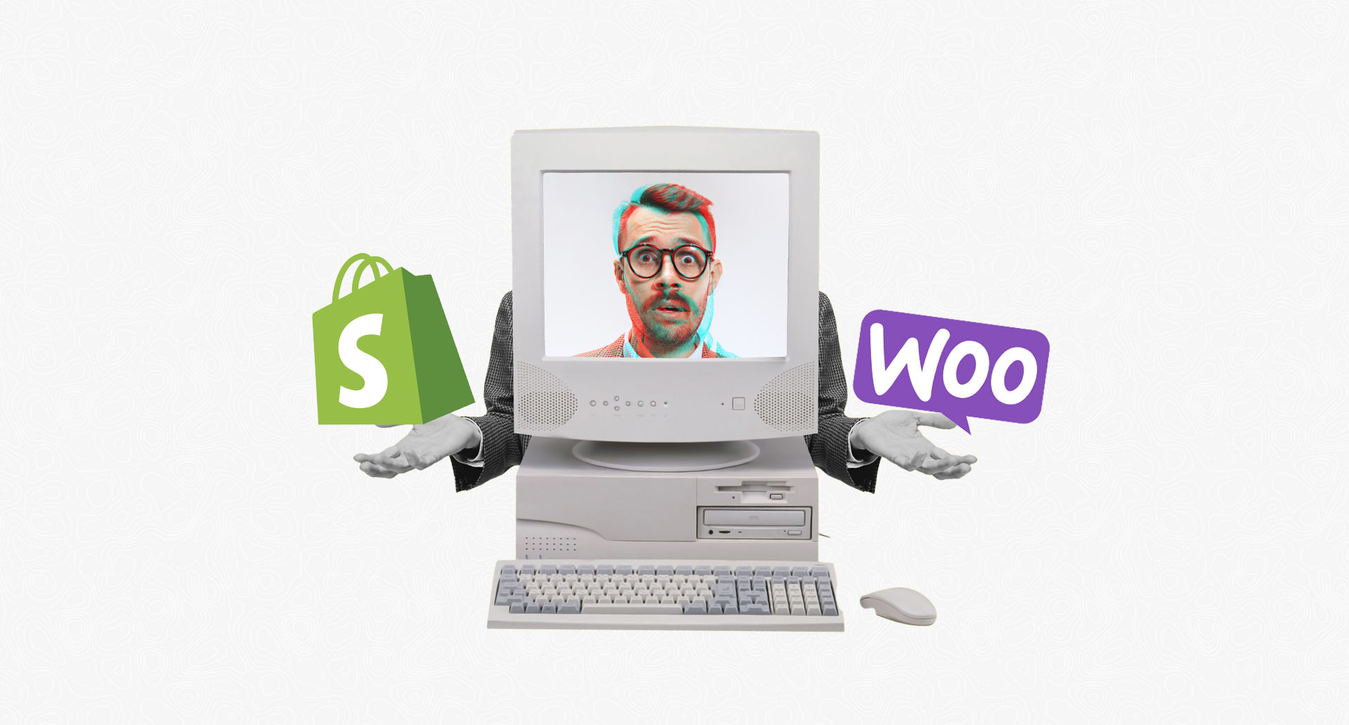 graphic of a man inside a computer, confused, as his arms weigh up Shopify and WooCommerce