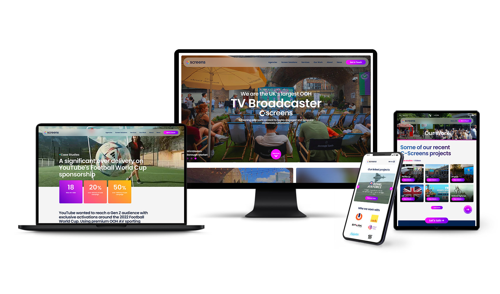 A sleek showcase of the C-screens website displayed across a desktop monitor, laptop, tablet, and smartphone, featuring bold photography and a clean, modern user interface.