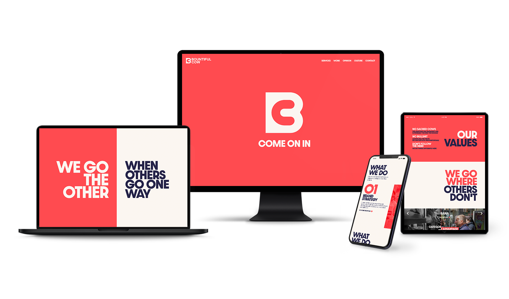 A collection of Apple devices, including an iMac, MacBook, iPad, and iPhone, all displaying different pages of the Bountiful Cow website to showcase its responsive design