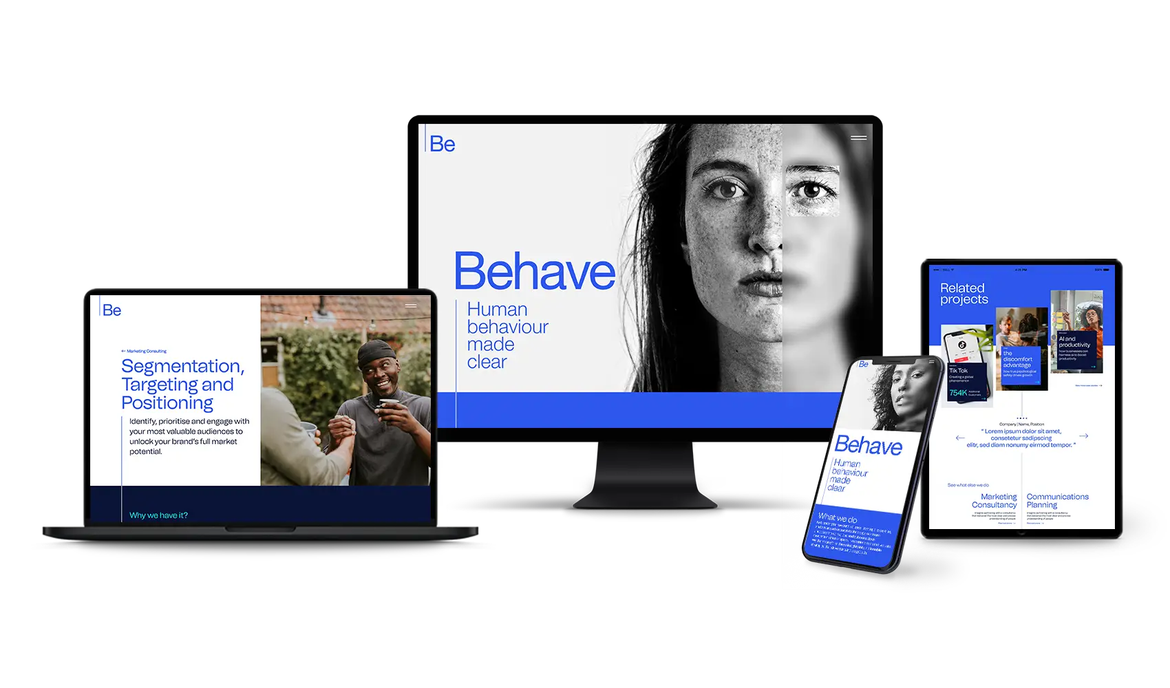 A desktop monitor, laptop, smartphone, and tablet displaying different pages of the Behave website, showcasing a cohesive and responsive design across all devices.
