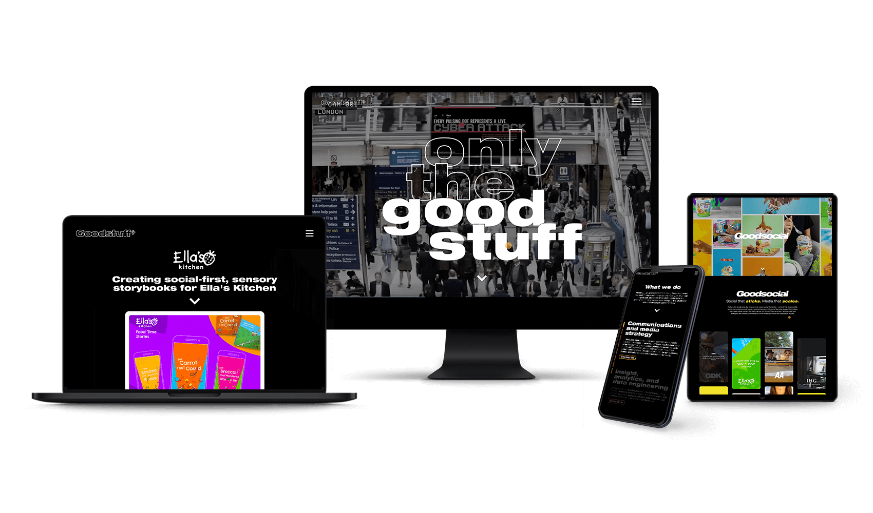 Phone, iPad, monitor and laptop displaying Above Digital website design for Goodstuff