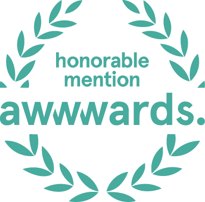Awwwards Honorable Mention badge featuring a teal laurel wreath icon.