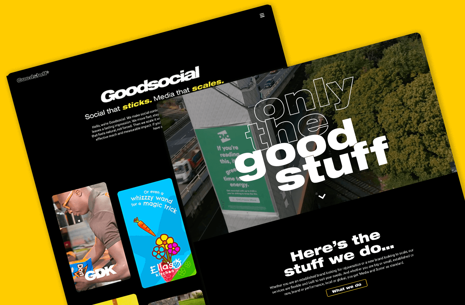 Website pages from the Goodstuff site designed by Above Digital displayed on screen.