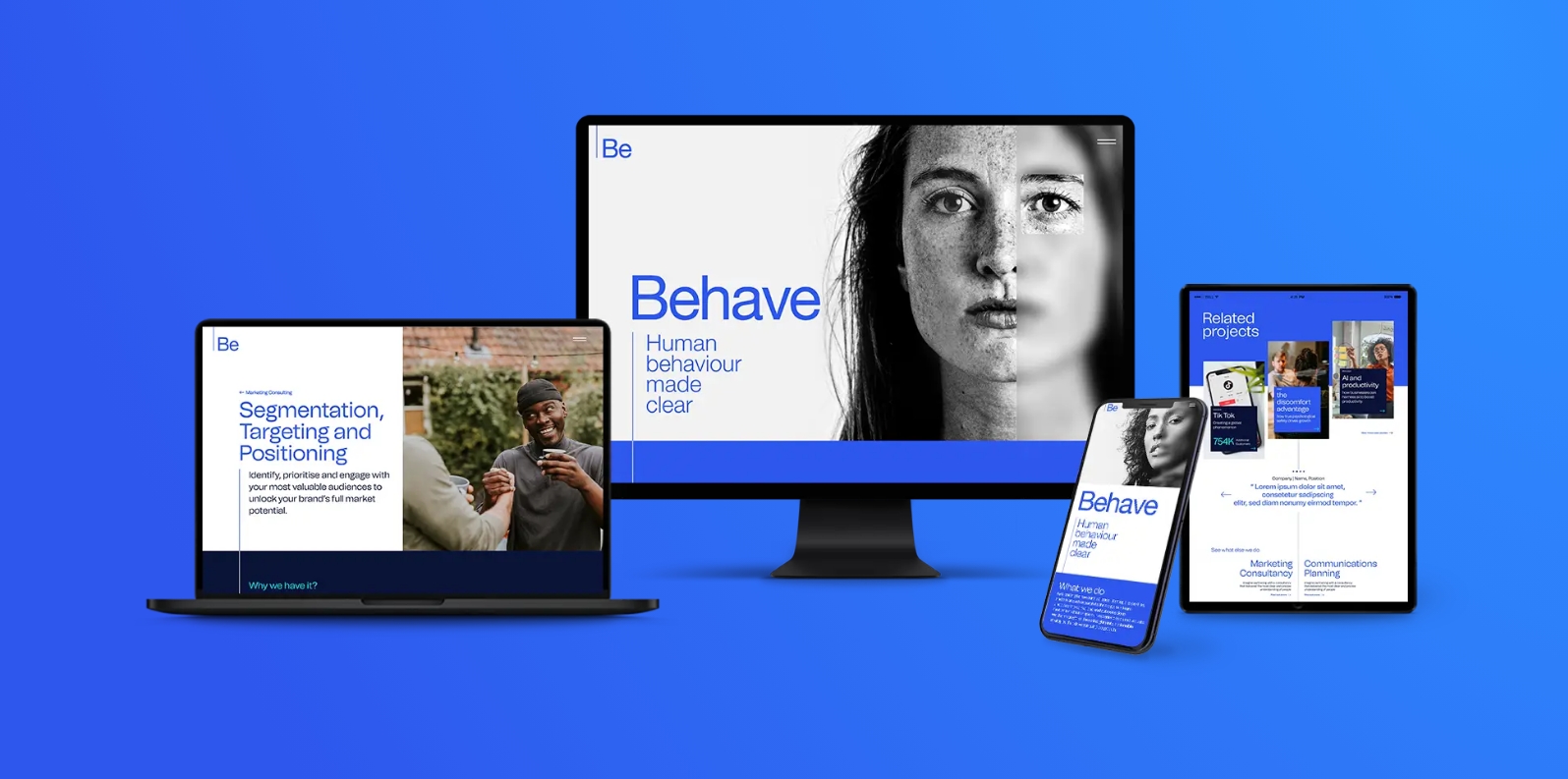 Laptop, desktop monitor, tablet, and smartphone displaying the Behave website design by Above Digital.
