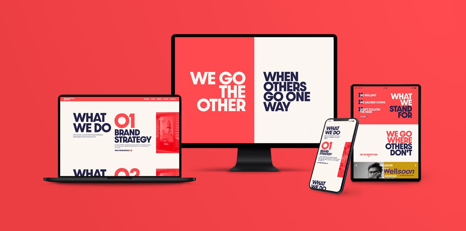 Laptop, desktop monitor, tablet, and smartphone displaying the Bountiful Cow website design by Above Digital.