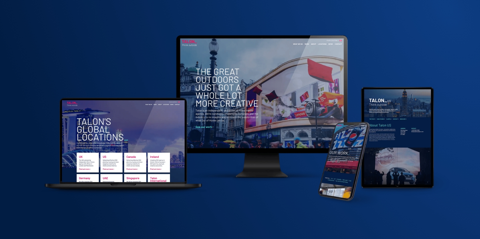 Laptop, desktop monitor, tablet, and smartphone displaying the Talon website design by Above Digital.