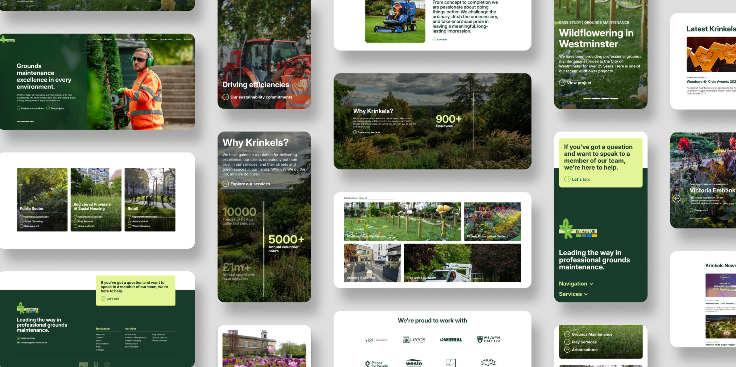 Spread of Krinkels UK brand assets, including logo variations, a natural colour palette of greens and earth tones, and clean typography samples