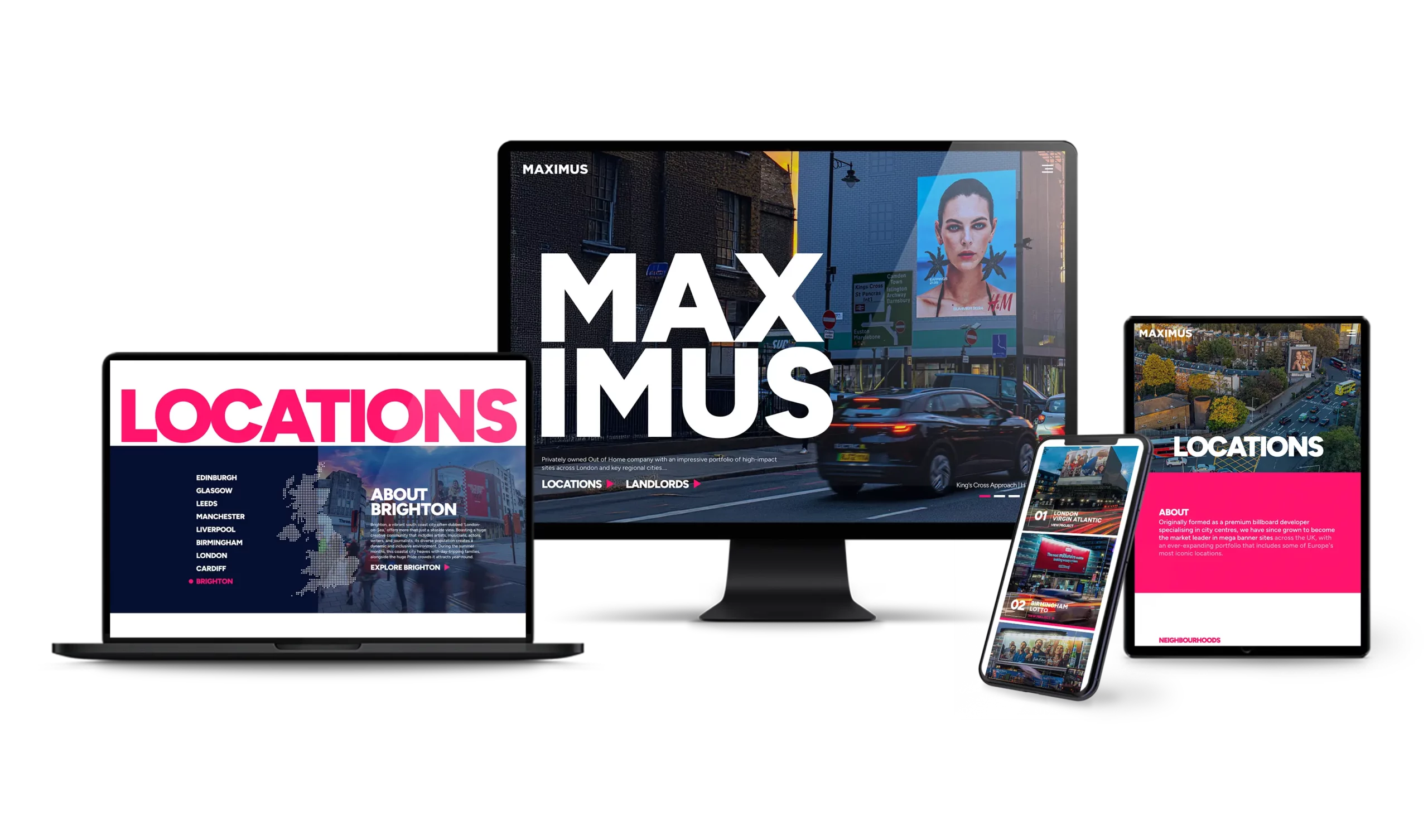 Phone, iPad, monitor and laptop displaying Above Digital website design for Maximus