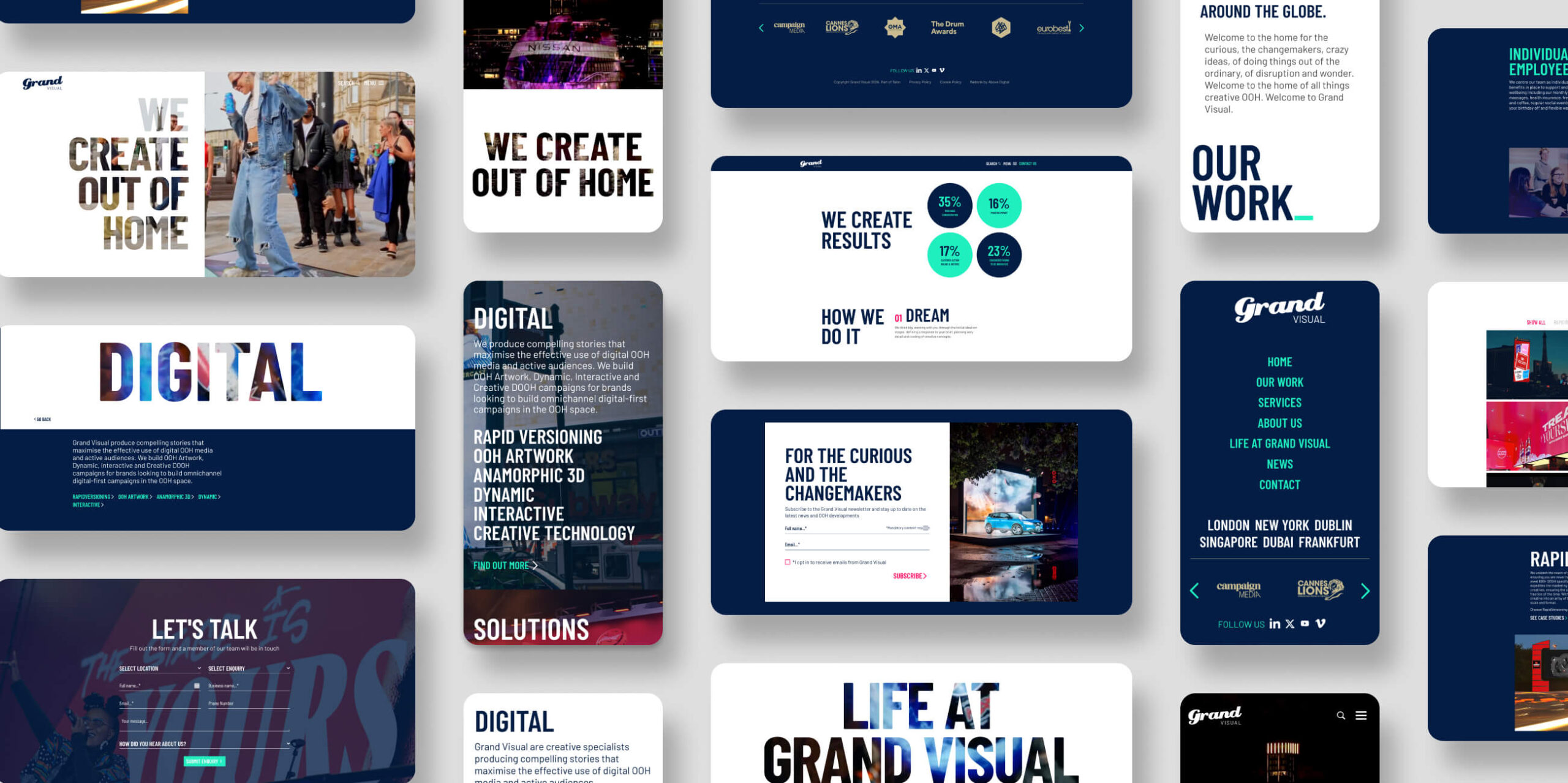 An isometric view of digital wireframes and UX planning documents for the Grand Visual website, showing clear content hierarchies and user flow annotations.