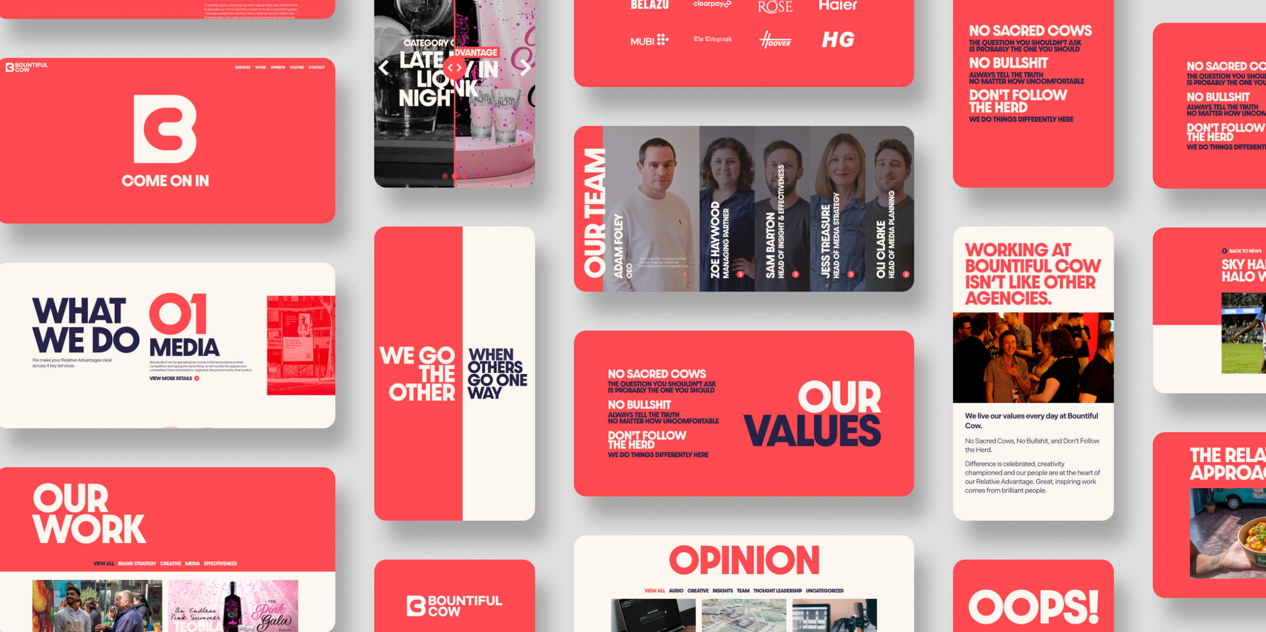 A close-up view of the Bountiful Cow website featuring bold, oversized typography and high-contrast graphic elements.
