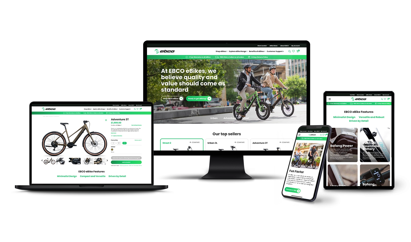 Phone, iPad, monitor and laptop displaying Above Digital website design for EBCO e-bikes
