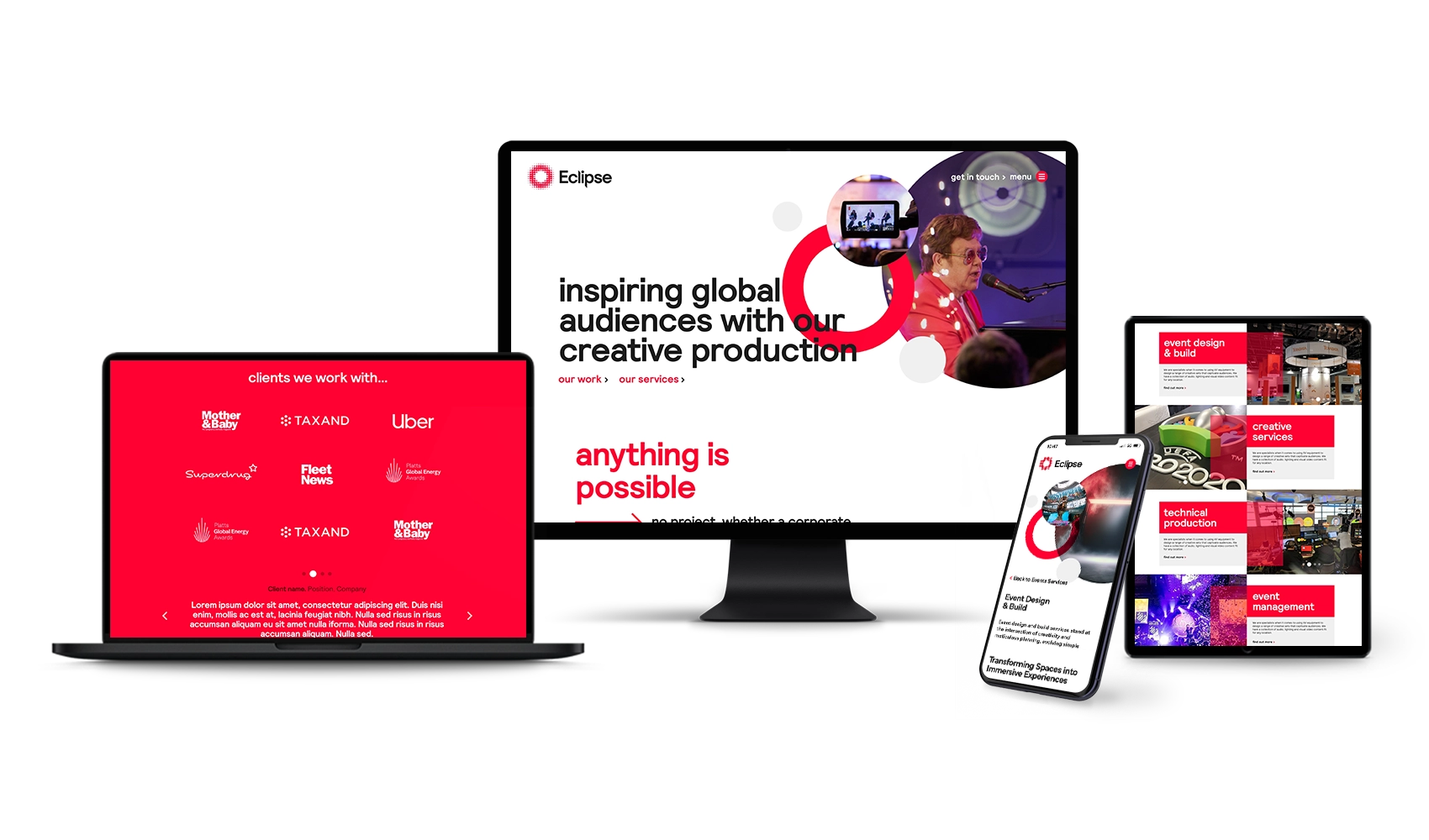 A full device view of the Eclipse Global homepage, featuring a high-impact background video of a live event and bold white typography stating 