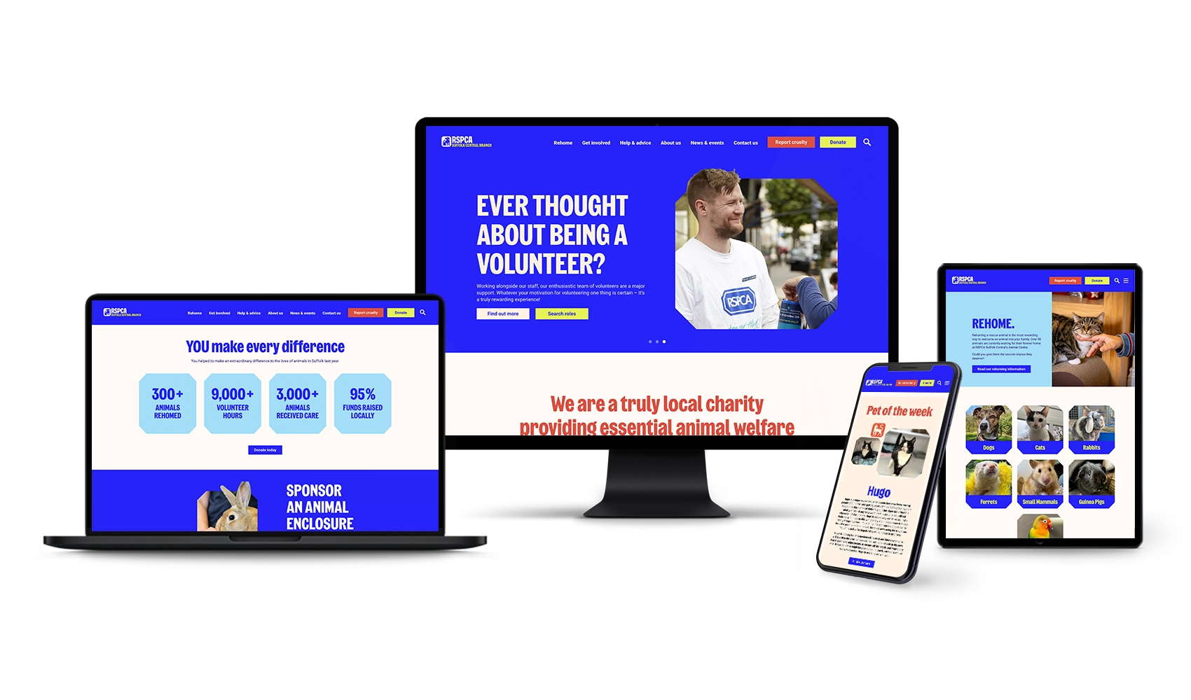Various screen designs of the RSPCA Suffolk Central homepage, featuring a images of rescued pets, bold blue and white navigation, and clear call-to-action buttons for rehoming and donating.