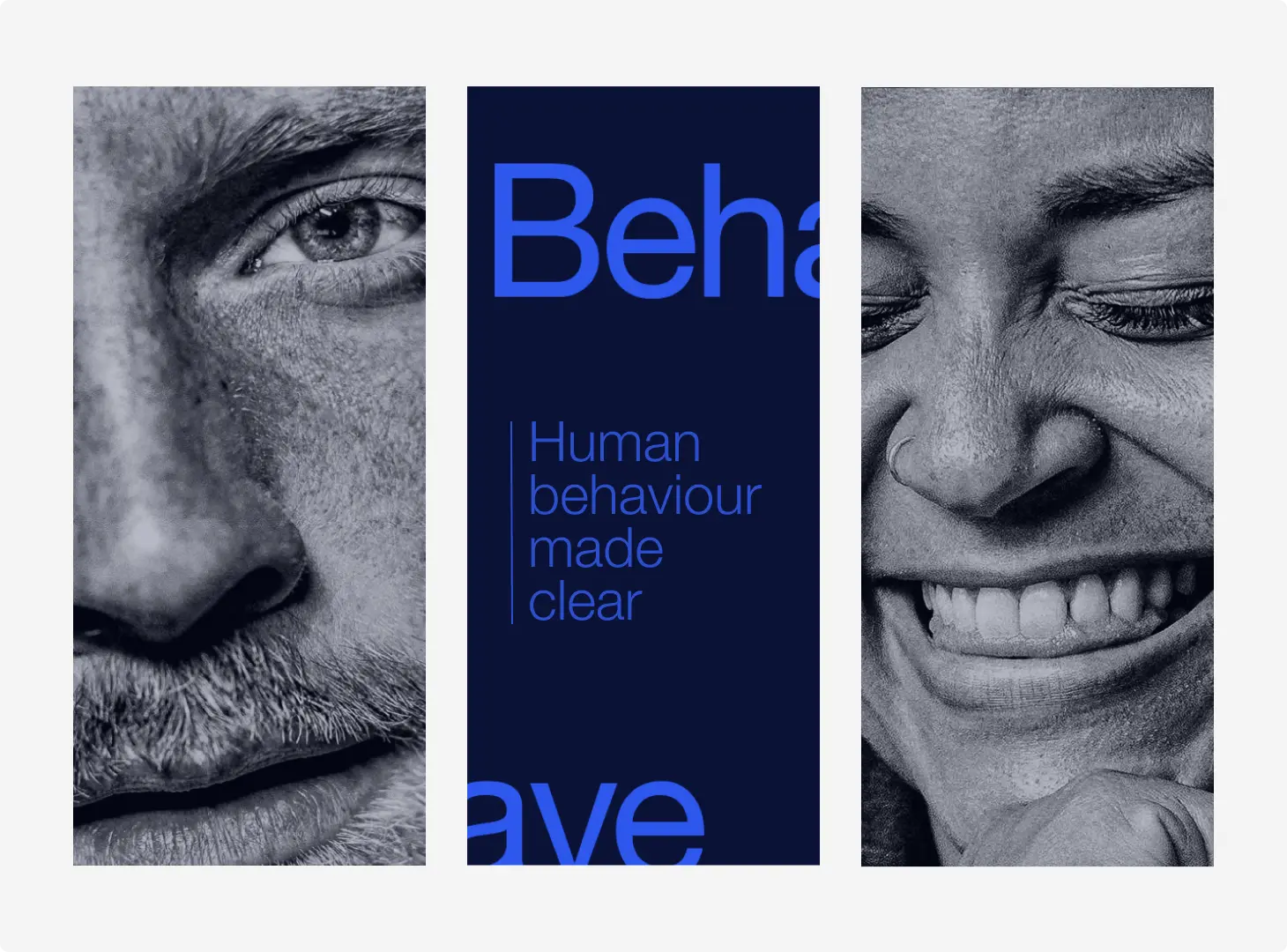 A split-screen image showing side-by-side views of different brand applications, from mobile screens to large-scale desktop photography.