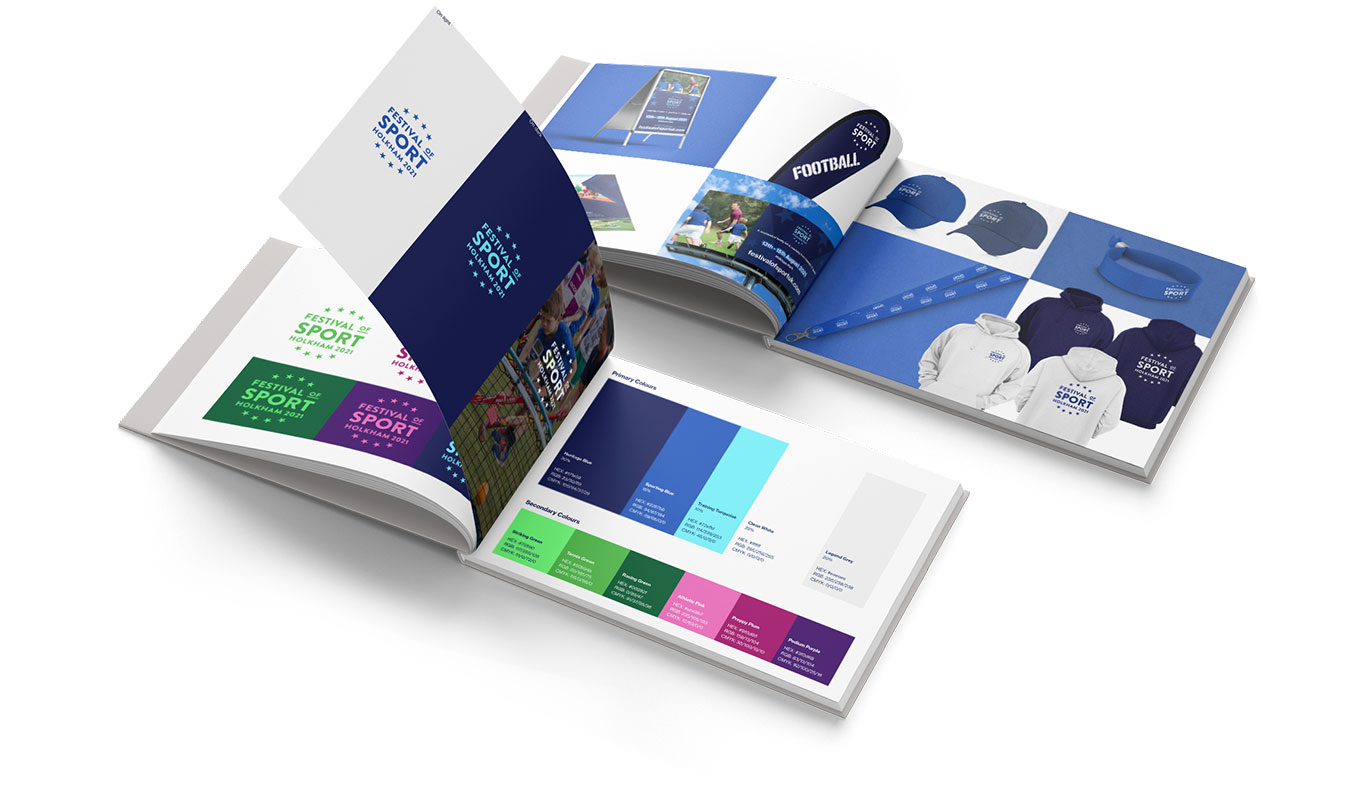 Two open brand guideline booklets for Festival of Sport, showing color palettes, logo applications, and typography.