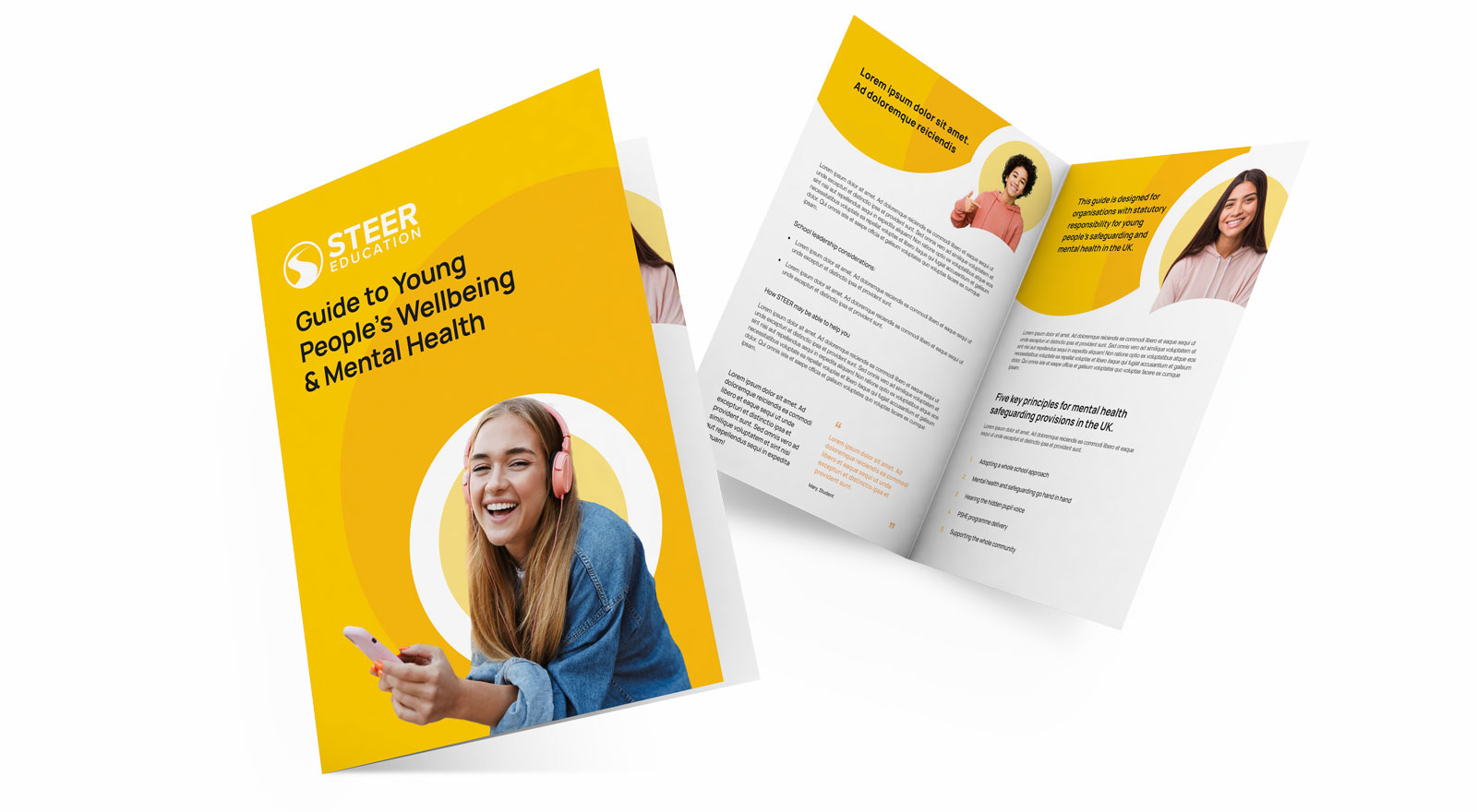 A yellow and white branded mental health guide brochure for Steer Education with images of smiling young people.