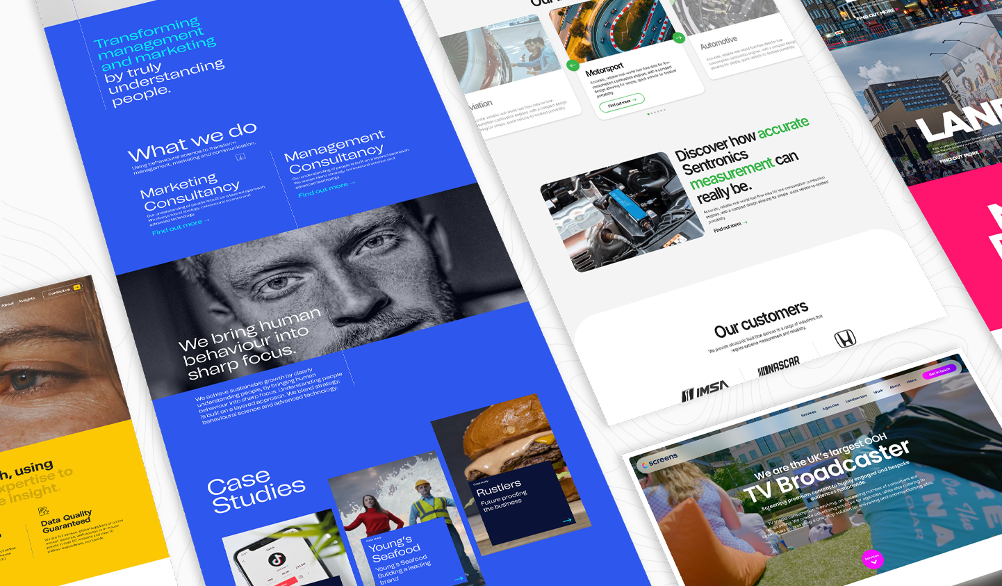 A collection of diverse design work including website layouts, mobile interfaces, and visual branding assets.