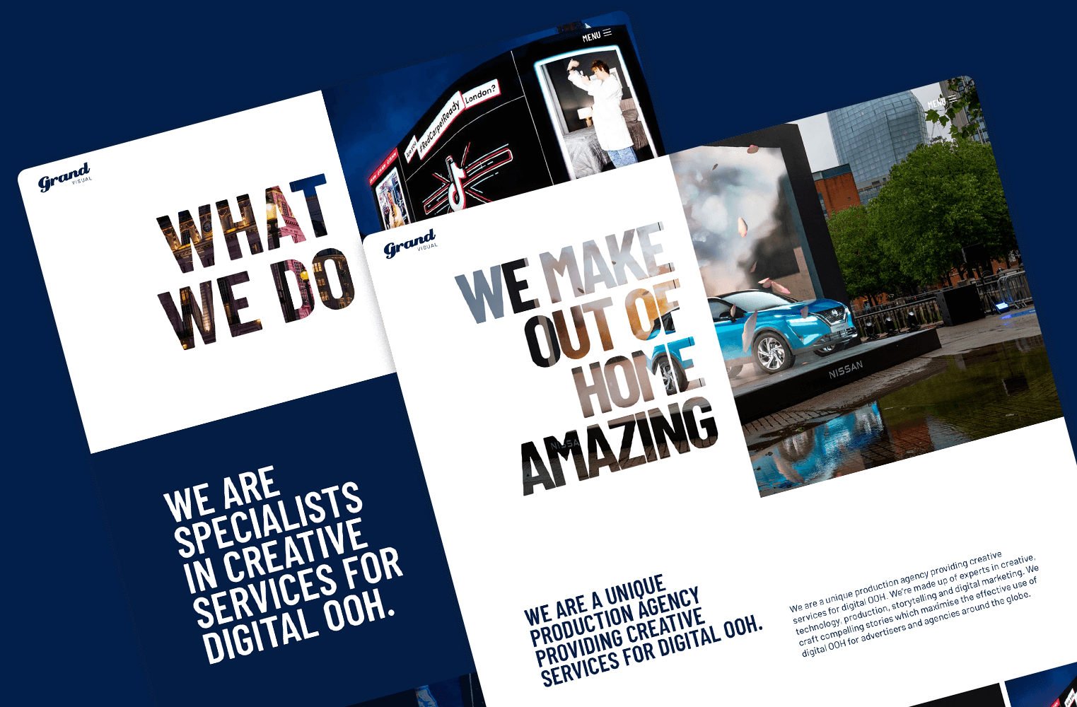 Website pages from the Grand Visual site designed by Above Digital displayed on screen.