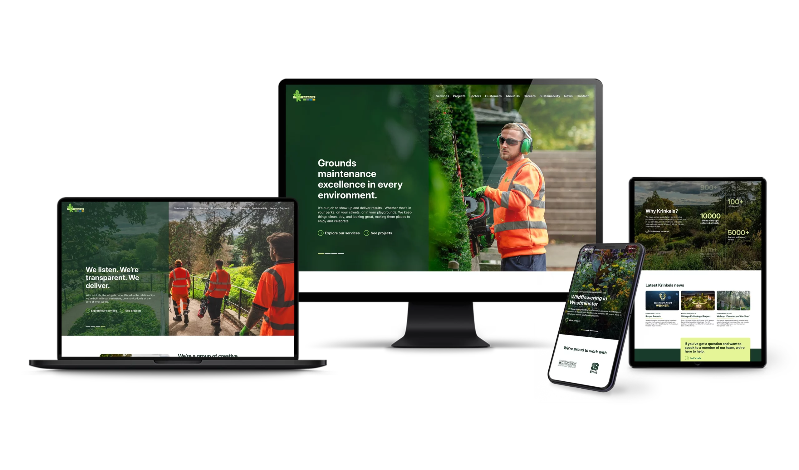 The Krinkels UK website displayed across a desktop monitor, tablet, and smartphone, featuring professional photography of grounds maintenance and a clean, green-accented interface.