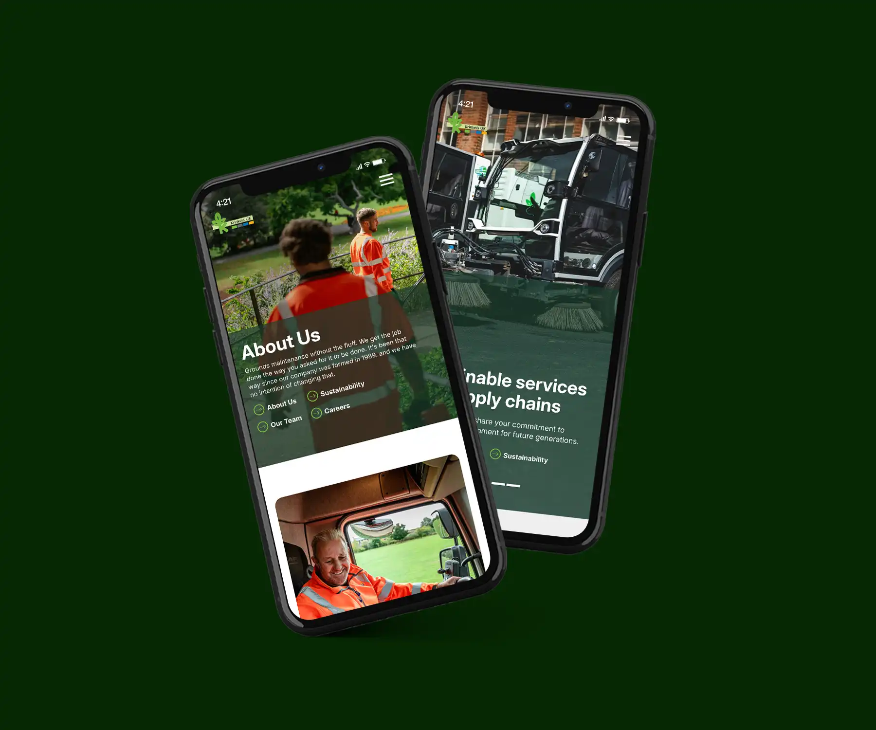Two smartphones side-by-side displaying the Krinkels UK mobile website, showcasing the responsive navigation and clear service call-outs.