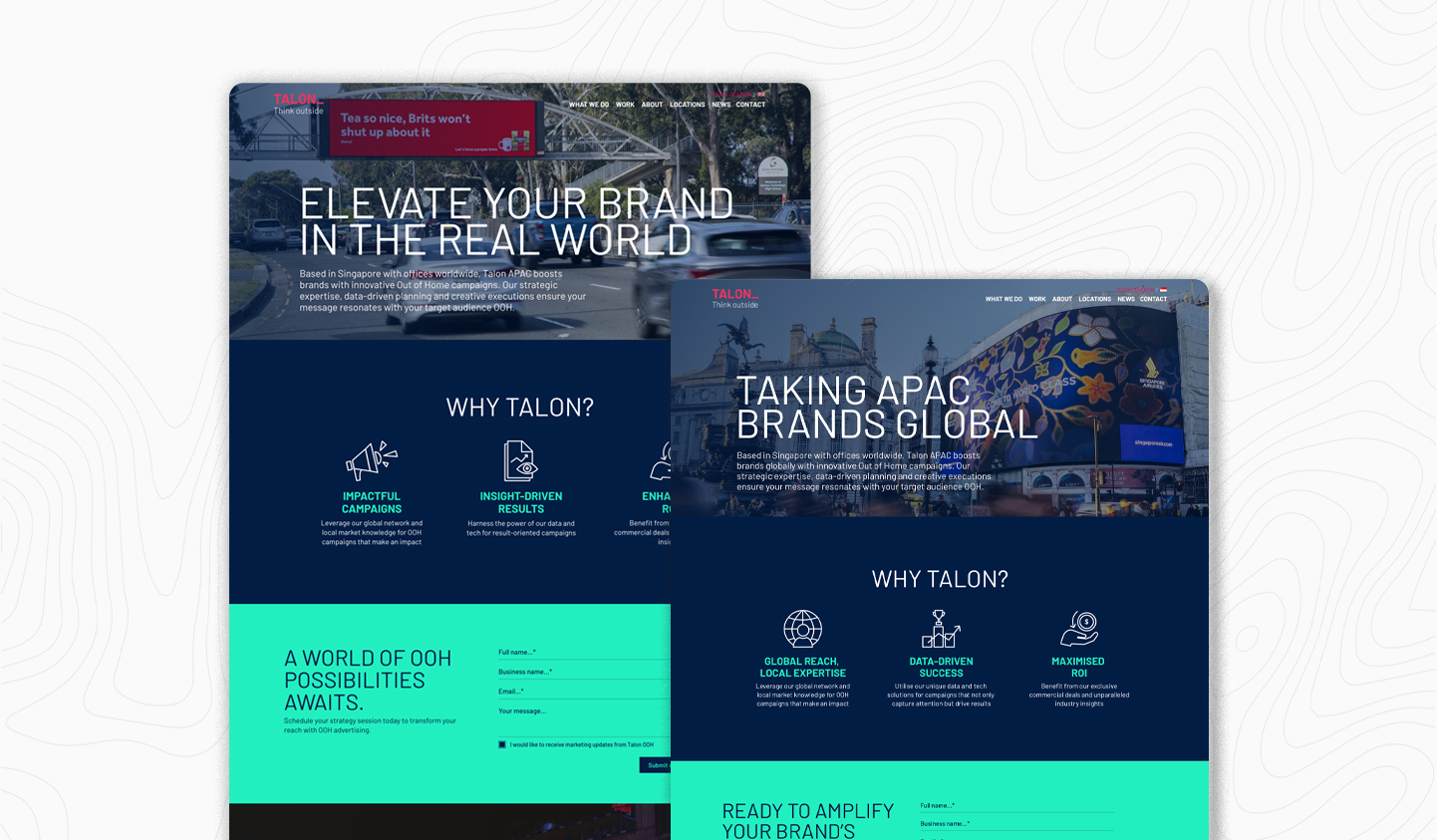 Two modern landing page designs for Talon, featuring a bold navy and mint green color palette with integrated lead capture forms.