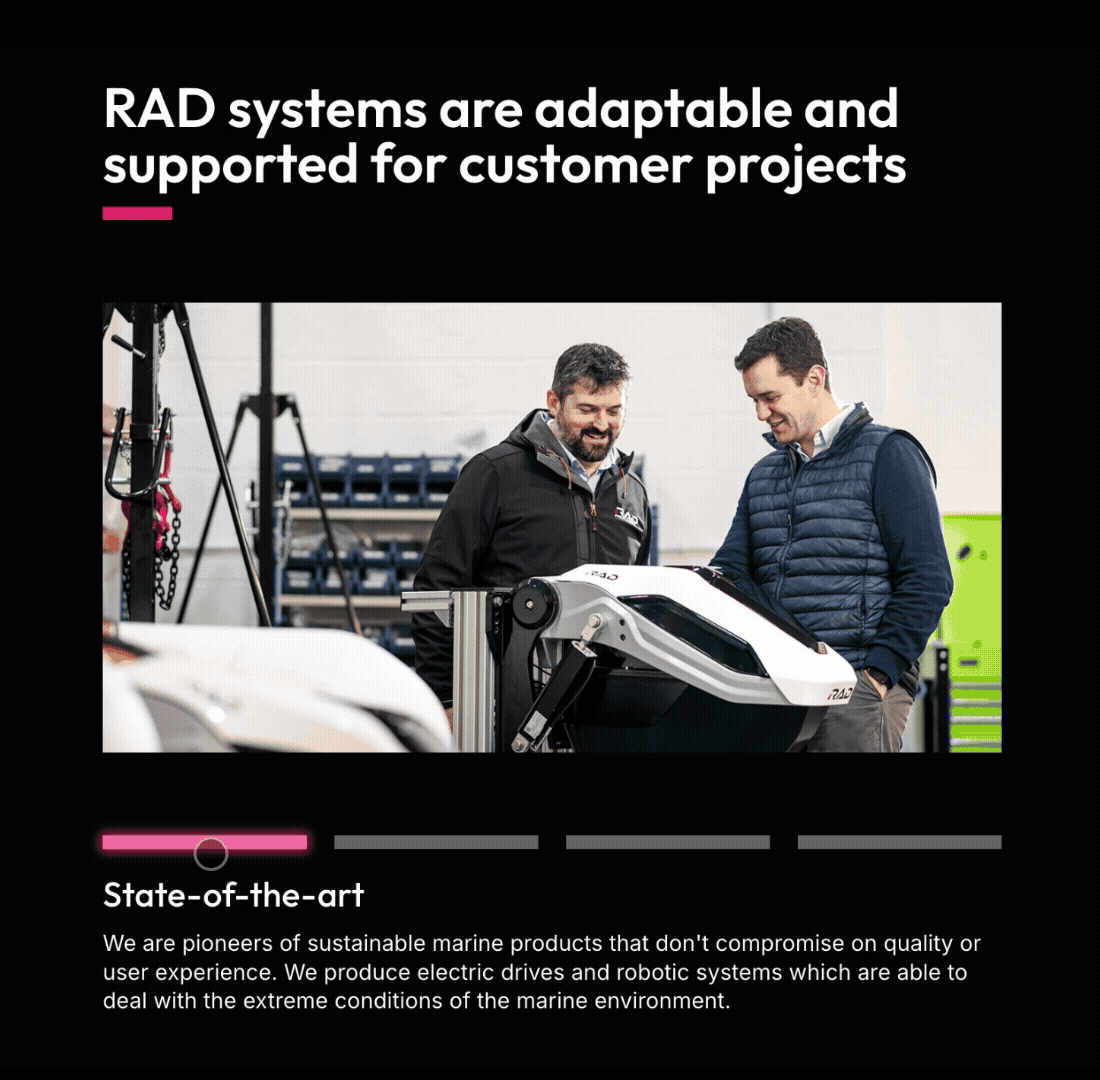 A screen recording of the RAD Propulsion website showing smooth scrolling transitions and interactive product sliders in action.