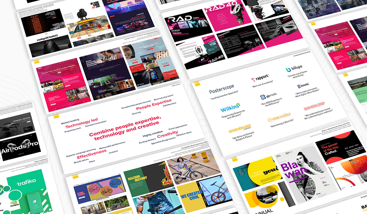 Slideshow boards displaying Above Digital branding and website design projects.